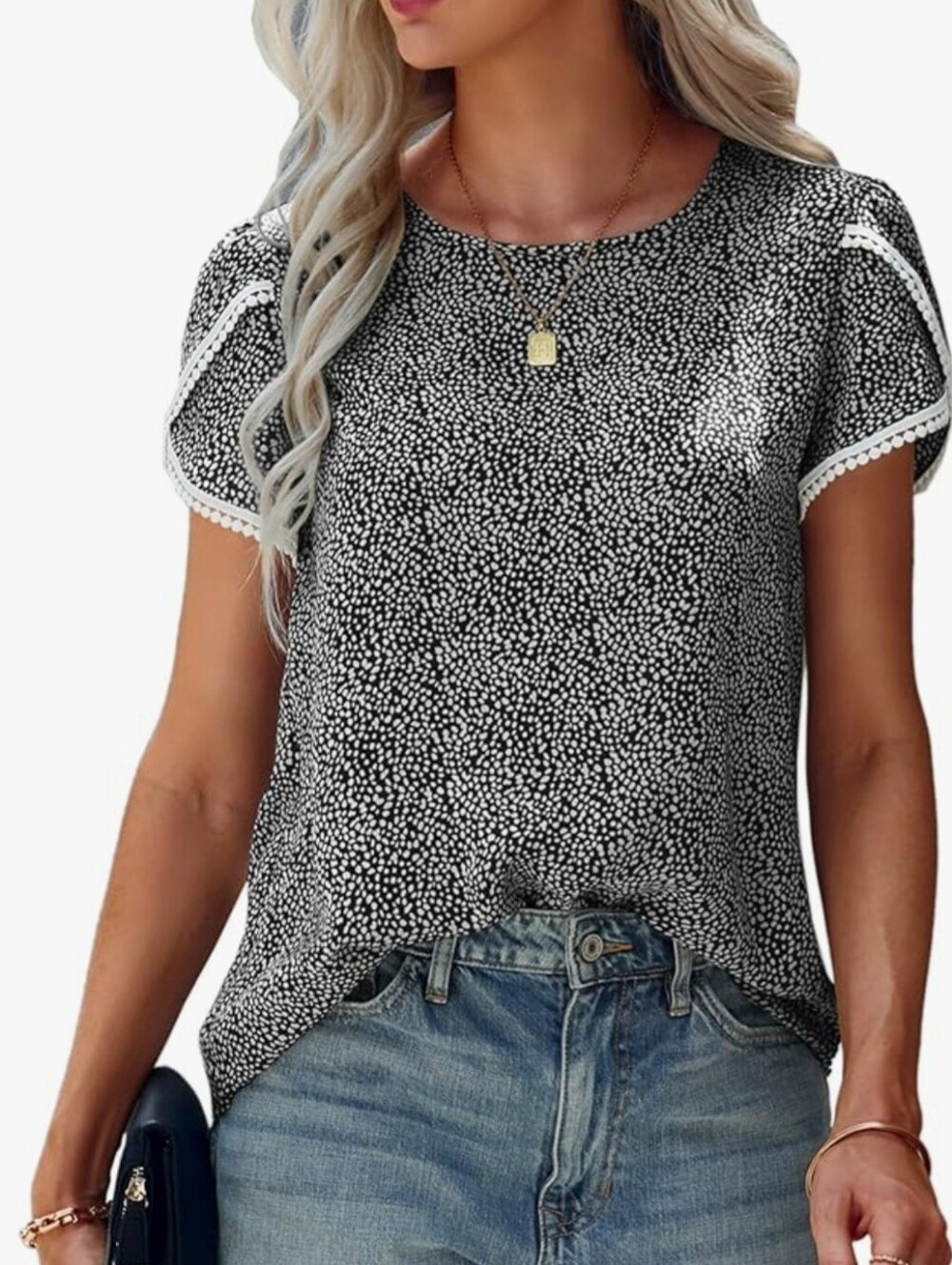 Black & Gray Dot Print Short Sleeve Blouse